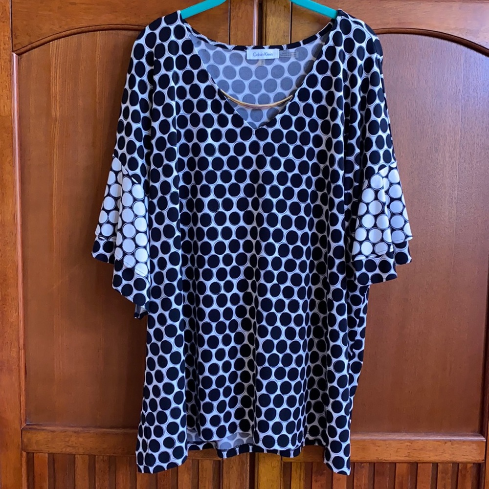 Calvin Klein Black and White Ruffle Sleeve Blouse